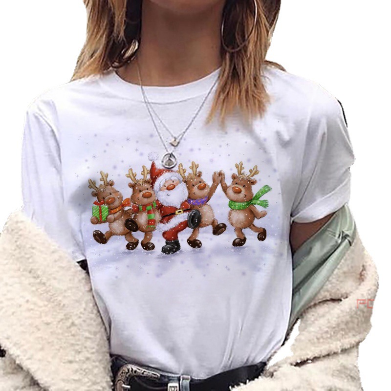 Women's christmas happy Christmas theme Loose Women's retro short-sleeved T-shirt Women's European and American style