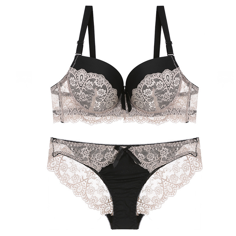 Cross-border sexy lace bra suit foreign trade hollow thin briefs underwear suit gathered B color matching Amazon