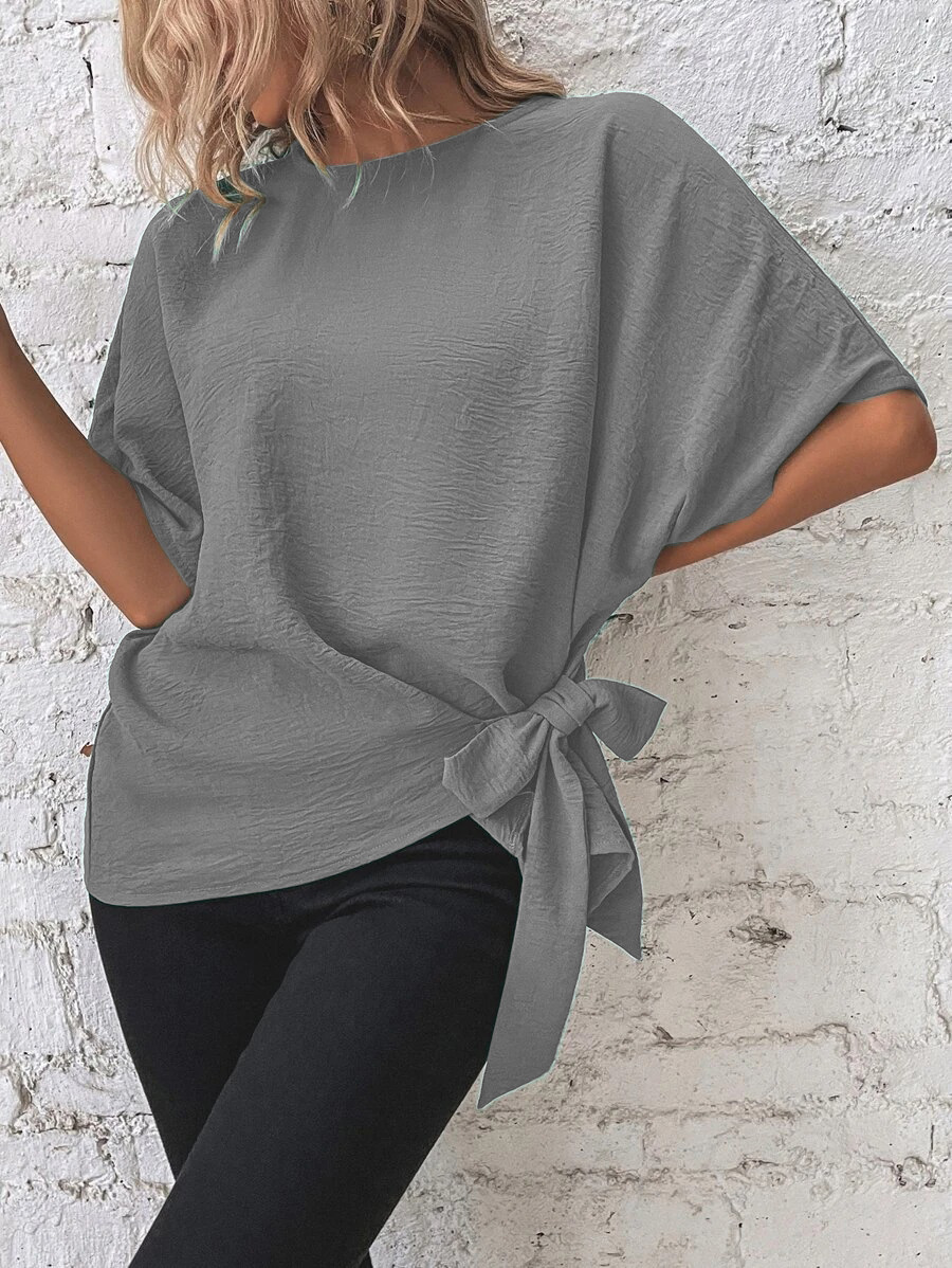 2025 European and American Cross-border Women's Summer New Solid Color Bat Sleeve Shirt Loose Casual Short Sleeve Commuter Top