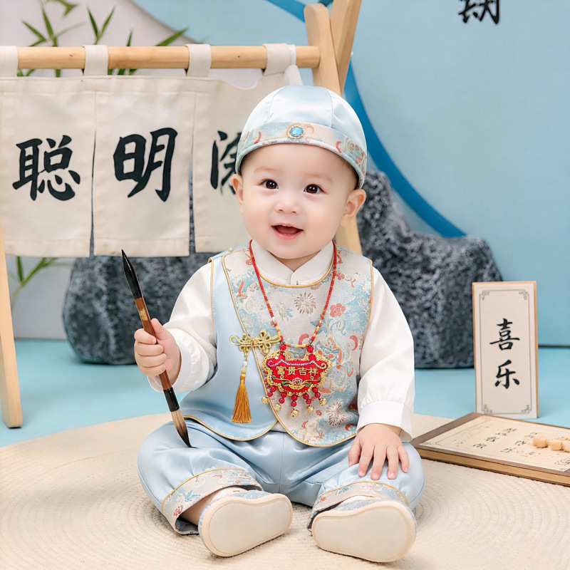 Baby's traditional Chinese outfit for first birthday celebration, new autumn collection, national style acetate suit for boys and girls, first birthday party dress