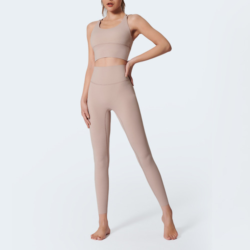 Double-sided brocade cloud feeling brushed set, elastic skin-friendly quick-drying tummy control shaping, detachable chest pads, high-end yoga set