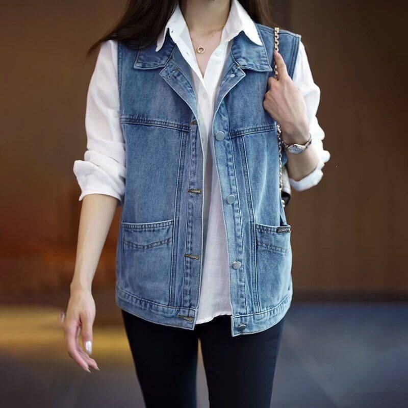 Spring and Autumn New Style Denim Vest for Women, Plus Size, Loose Fit, Korean Style, Slimming, Versatile, Short Sleeveless Vest for Petite Figures
