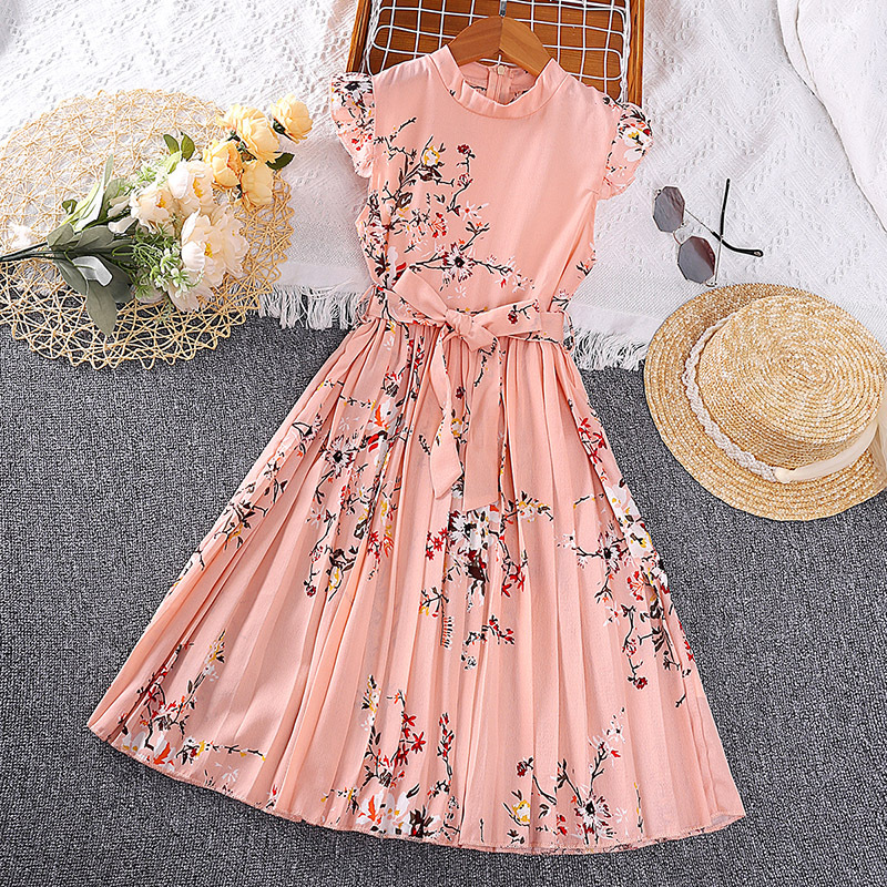 Girls' Style Retro Print Princess Dress Children's Clothing Summer Young Girls Clothing (8-16Y) Floral-printed Sleeveless Dress Plants And Flowers_voghion.com
