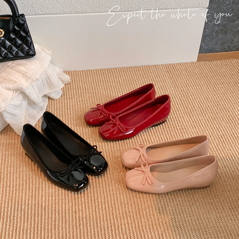 【Xianyuanwang】45Mm Internal Height Increase~Super Soft Square-Toe Elegant Bowknot Commuter Ballet Shoes for Women Spring