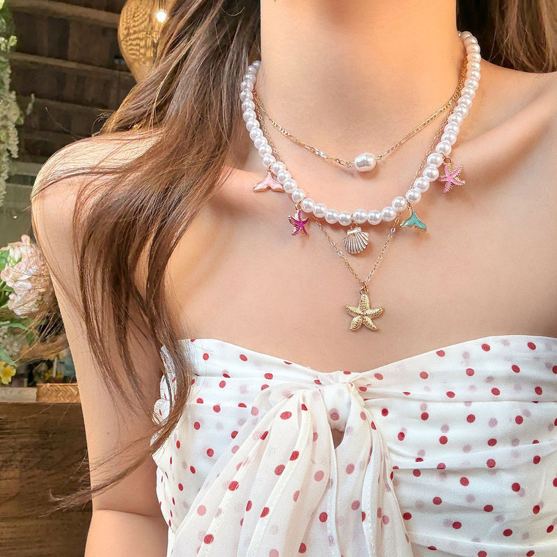 Colorful Island-Style Multi-Layer Starfish Pearl Necklace Choker Seaside Vacation Accessories Clavicle Chain Seaside Accessories