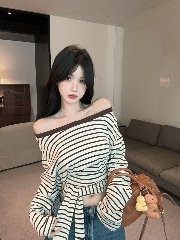 美式复古撞色条纹宽松收腰绑带长袖t恤女设计感早秋一字露肩上衣|undefined