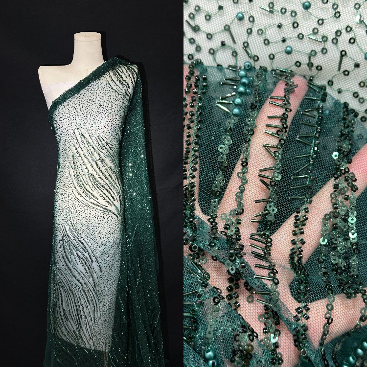 跨境外贸泡珠刺绣面料 珠管绣花布料 高定婚纱晚礼服时装面料厂家