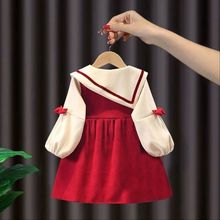 古風洋氣2022新款女童秋季長袖連衣裙兒童網紅時髦寶寶學院風裙子