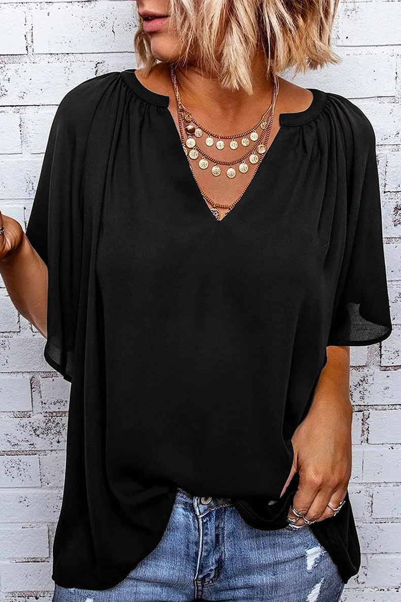 154g Weight Short Sleeve Sleeve Length Pullovers Placket Type Regular Sleeve Sleeve Type Chiffon Fabric Type Regular Top Length Chiffon Shirt Tops Type Daily Occasion V Neck Neckline Comfort Function Loose Version Solid Color Pattern Summer Season Women'S Gender Ruffles Design Casual Style Wholesale Women'S Casual Solid Color Short Sleeve Ruffles Blouses
