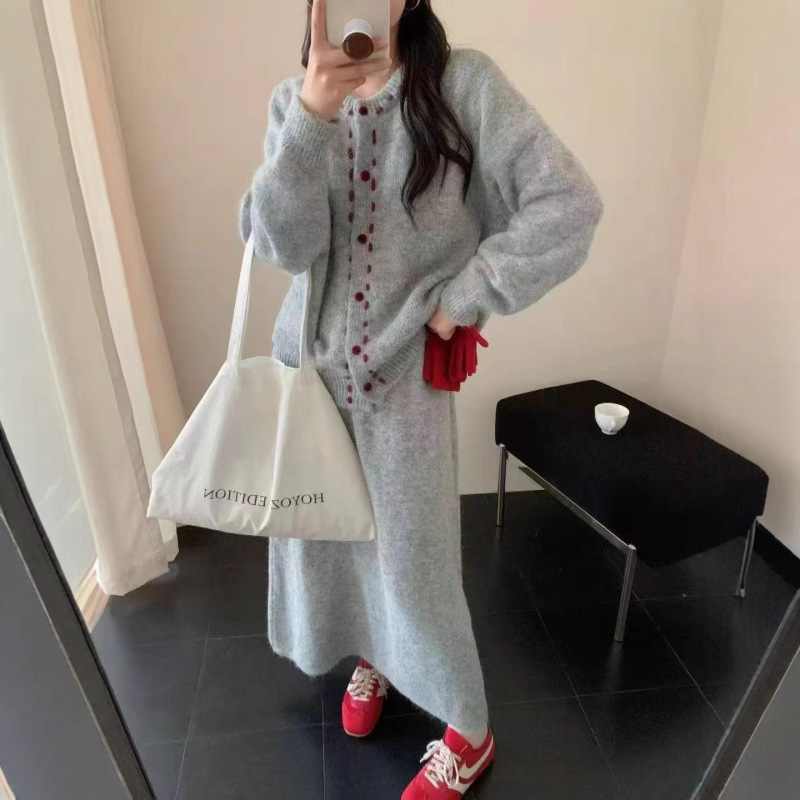 韩系秋冬新款手工穿绳圆领针织开衫针织半身长裙两件套女气质套装|undefined