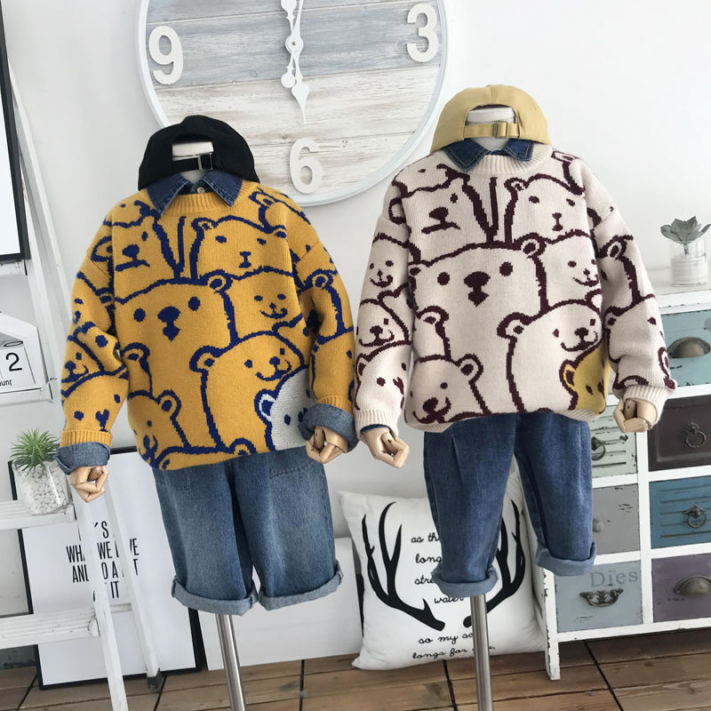 韩国儿童2021新款秋冬季小熊头可爱加绒男童毛衣兔绒毛线厚针织衫