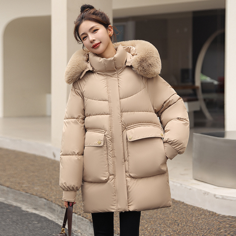 Women's Clothing New large size down jacket for women in winter loose large fur collar hooded thickened medium and long cotton coat for small size_voghion.com