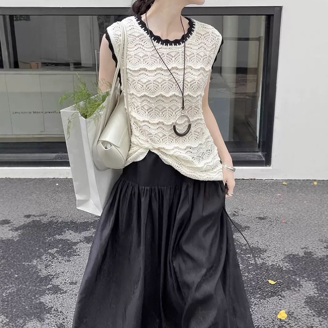 清仓不退换十三行2025夏法式撞色手工钩花镂空针织衫上衣女ZA3109