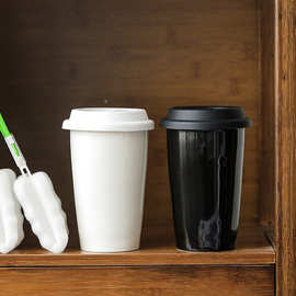ins双层杯隔热陶瓷杯水杯随手杯马克杯家用咖啡杯带盖勺印图ogo