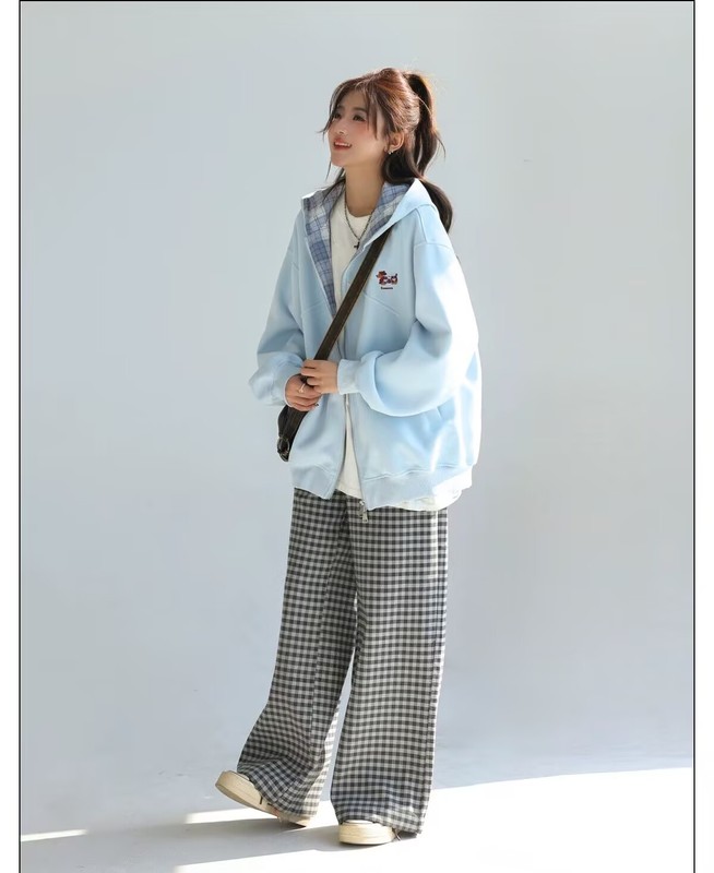 韓国チェック柄ステッチダックスフント刺繍ジャケット女性のための春と秋の怠惰なルーズスウェットシャツカーディガンライトブルーフラワーグレー|undefined