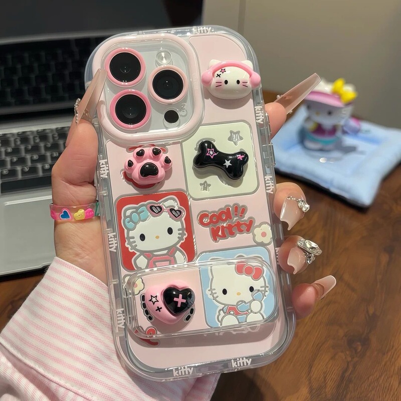 Cartoon Headphones Kt Cat Suitable for Apple 16Promax Mobile Phone Case Iphone15 Stereo 14 Feather Yarn Cream 13 Hard