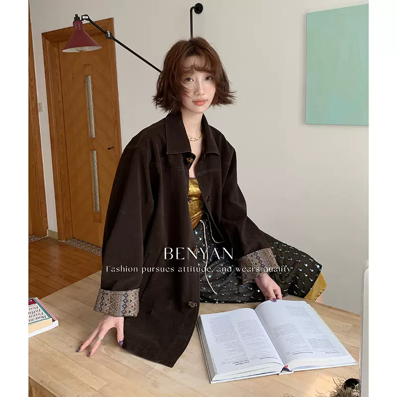 BENYAN本言 秋法式复古度假风中长款外套高级感麂皮绒大衣女82510