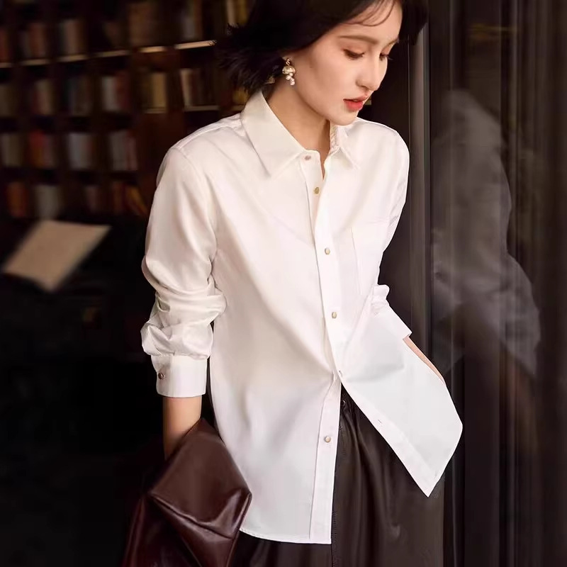 Áo sơ mi nữ cổ polo viền hoa trắng dài tay — trắng chi tiết 4