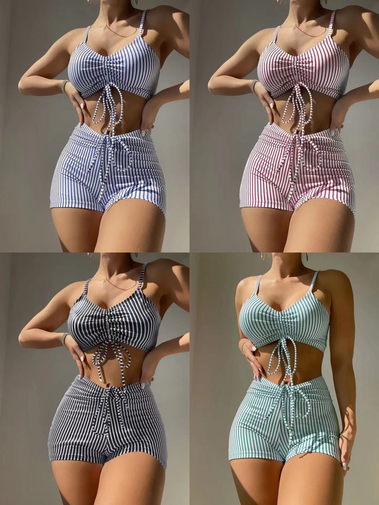 Women's Clothing High-Waisted Two-Piece Swimsuit Striped Print Drawstring Conservative Design Women's Swimwear_ecoleips.com