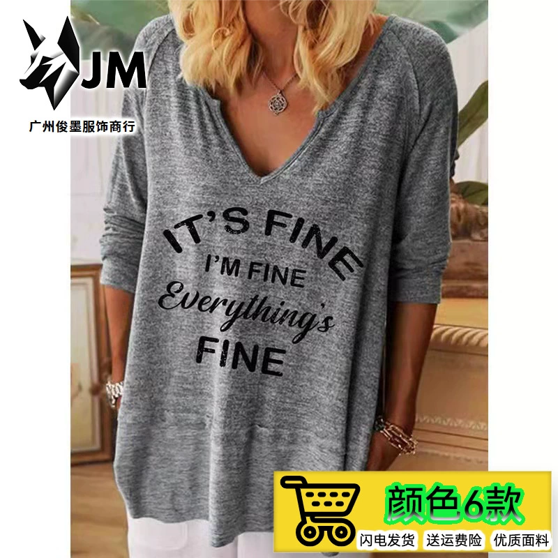 2023 Осень и зима Новая Европейская и американская трансграничная Внешняя торговля Amazon Взрывы Письмо Футболка с длинным рукавом Базовая рубашка Топ Женский