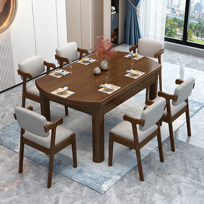 實木餐桌家用吃飯桌子方圓兩用餐桌餐椅組合小戶型家用長方形桌子