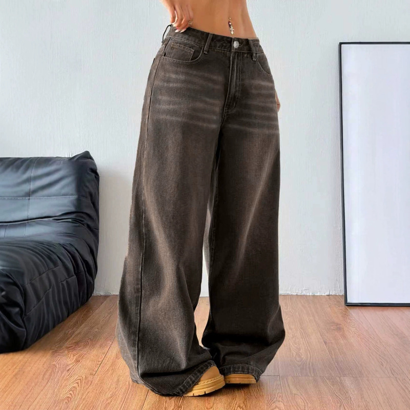 Tk184 New Style Women's Washed Frayed Coffee Brown Low-Waist Slim Straight Wide-Leg Denim Floor-Length Pants