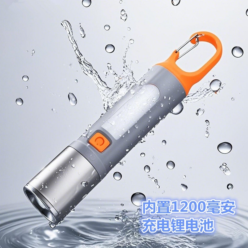 Cross-Border Led Flashlight with Strong Light, Outdoor Rechargeable, Ultra-Bright, USB Retractable Focus Adjustment, Emergency Household Hook Camping Light