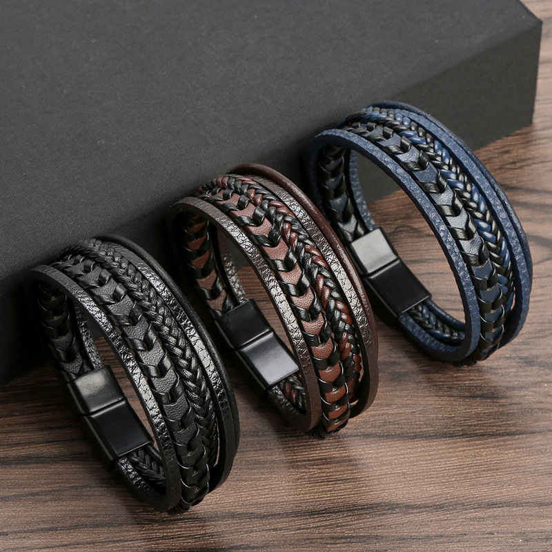 European and American fashion creative multi-layer leather bracelet personalized trend woven simple magnet buckle PU leather bracelet men's bracelet