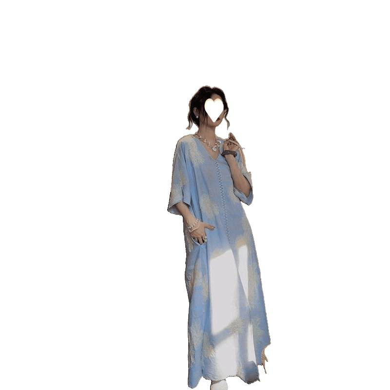 三吉黑花平替!宽松连衣裙女夏季2025新款大码刺绣A字裙禅意风长裙|undefined