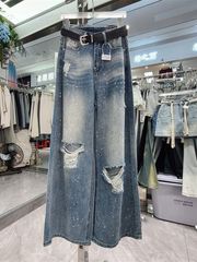 十三行2025夏装新款美式复古垂感破洞牛仔裤女做旧磨白阔腿长裤子