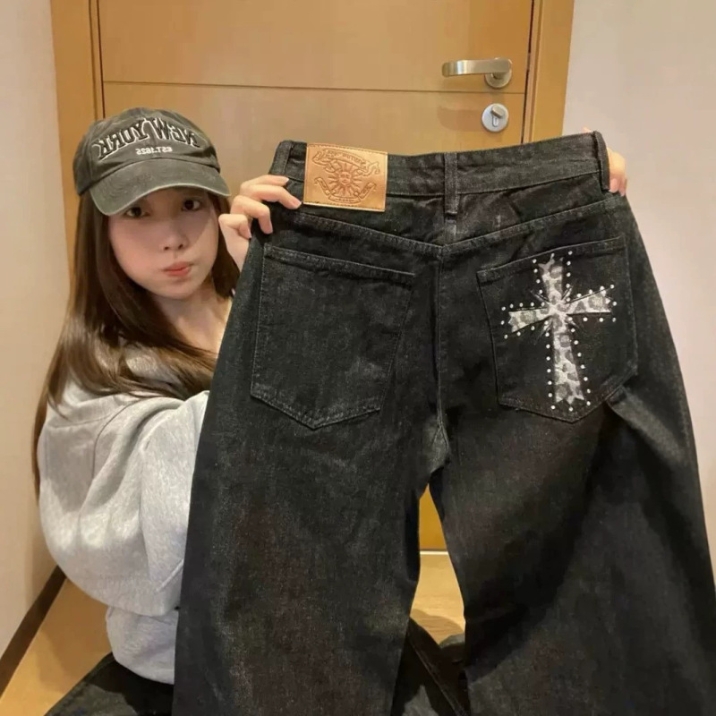 American-Style Leopard Print Cross-Shaped Black Denim Jeans for Men and Women, Spring and Summer Loose Fit Versatile High Street Wide-Leg Pants