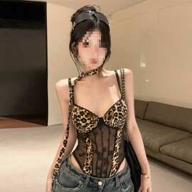 网纱连体豹纹吊带背心女夏美式热辣妹性感鱼骨抹胸小上衣绝美