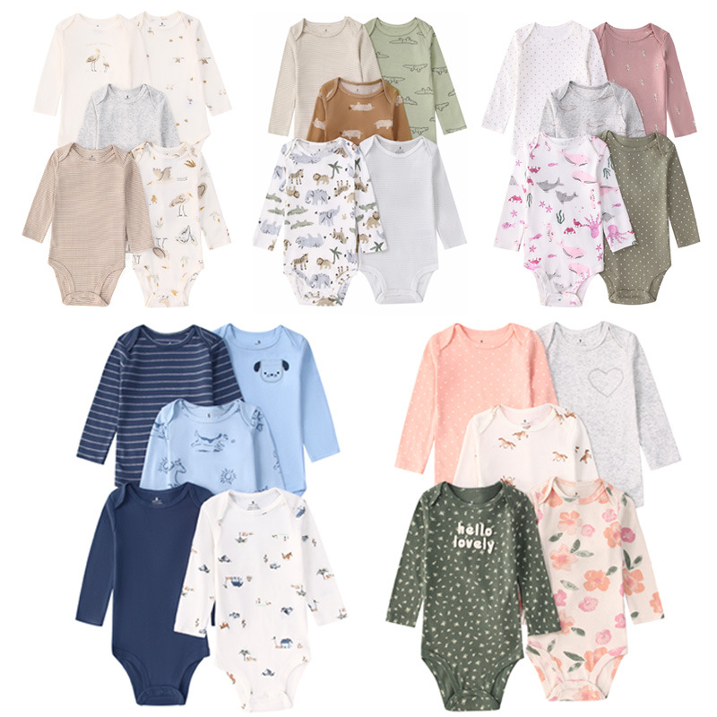 外贸童装春秋新款婴幼儿长袖三角哈衣爬服五件宝宝连体衣跨境代发