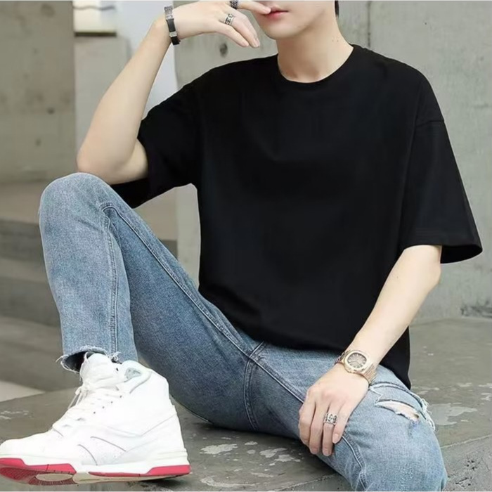 Men's short-sleeved summer solid color round neck t-shirt, versatile, simple, loose, drop-shoulder, half-sleeve top, cheap wholesale Men's short-sleeved summer solid color round neck t-shirt, versatile, simple, loose, drop-shoulder, half-sleeve top, cheap wholesale