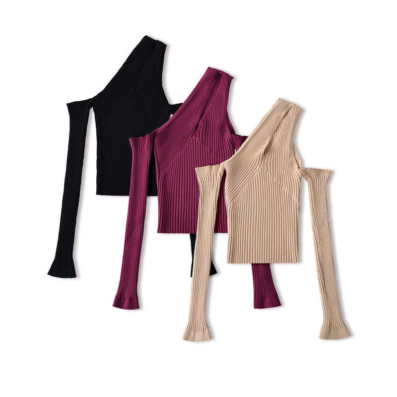Nssf-Homemade-Pure Desire Sexy Cross-Shoulder Hollow Knit Sweater for Women Korean Style Slim Fit Short Top and Skirt
