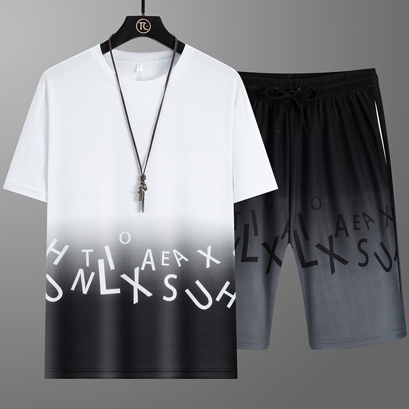 Transfronterizo verano nuevo conjunto de gradiente delgado seda de hielo guapo ropa de manga corta camiseta pantalones cortos deportivos ropa casual para hombres