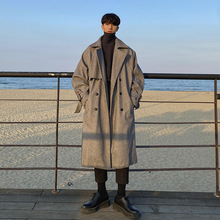 ASCLO秋冬外套格纹大衣男长袍外套廓形风衣中性毛呢大衣男中长款