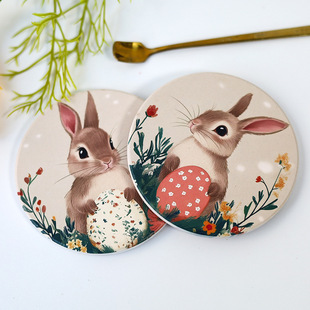 Cartoon Rabbit Coaster Cross-Border Hot Selling Round Ceramic Cork Bottom Anti-Slip Coaster Office Dining Bar Coaster