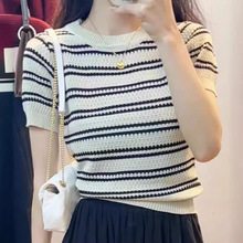 短袖小香风条纹针织衫女2025夏季新款设计感修身法式冰爽丝上衣女