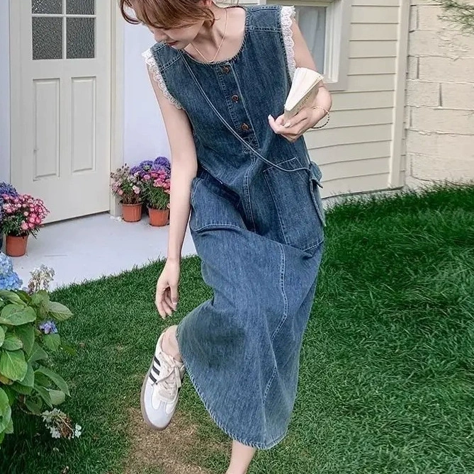 Корейское кружевное платье без рукавов для женщин, лето 2025, тонкий стиль, ретро джинсовая длинная юбка