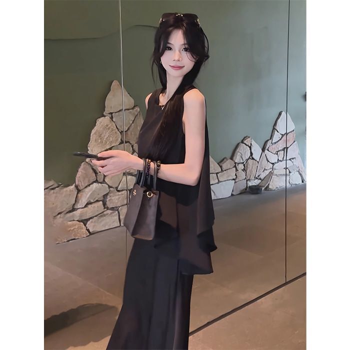 High-Waisted Elegant Acetate Skirt Set Two-Piece Set 2026 Summer New Style Loose Sleeveless Top Two-Piece Set