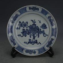 大清光绪手工瓷青花博古纹瓷盘做旧仿民窑古瓷器古玩古董收藏摆件
