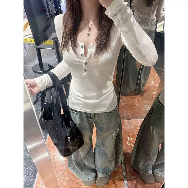 韩系复古纽扣半开领正肩长袖t恤女春秋内搭显瘦打底衫百搭上衣潮