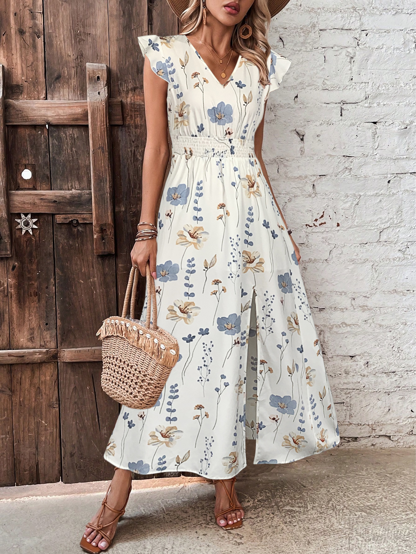European And American Style Ruffled V-Neck Cross-Border Trade New High-Waisted Slit Printed Long Dress_ecoleips.com
