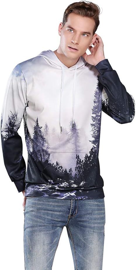 Suéter con capucha y cordón de manga larga con estampado 3D de bosque de tinta simple para hombres y mujeres con el mismo estilo de primavera y otoño