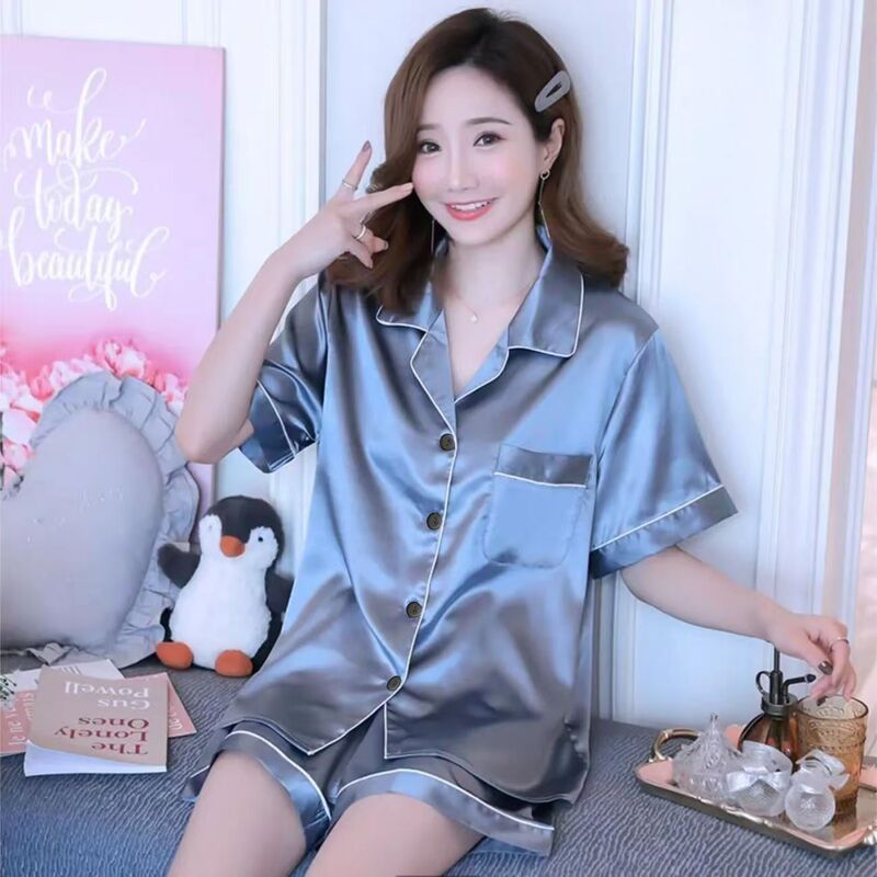Foreign Trade Packaging plus size Fat Code Ice Silk Women's Pajamas Summer Short-sleeved Thin High-grade Home Clothes Silk-like suit