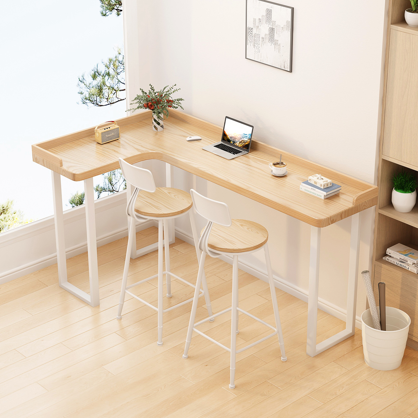 Solid Wood Corner Desk Simple Living Room Partition Bar Table Balcony Home Modern L-Shaped Wall-Mounted Integrated High Table