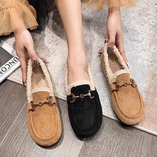 Birkenth Shoes Women's Winter fleece-lined Outwear 2024 Autumn New Style Mao Mao Shoes One Pedal Big Head Flat Cotton Shoes Bean Shoes