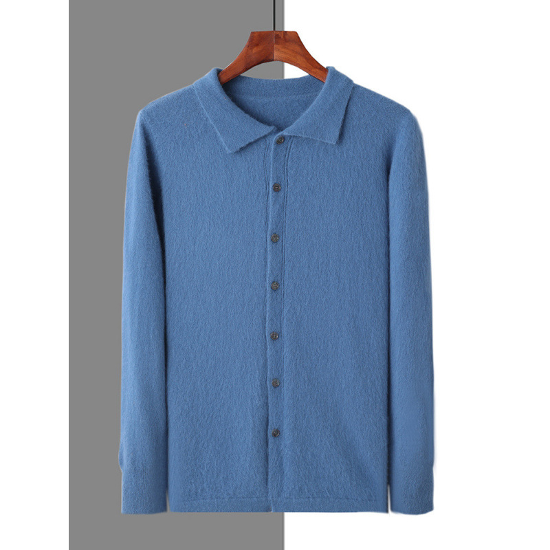 Autumn and Winter Mink Fleece Sweater Cardigan Men's Korean Style Fashionable Solid Color Buckle POLO Collar Loose Shirt Collar Coat Top