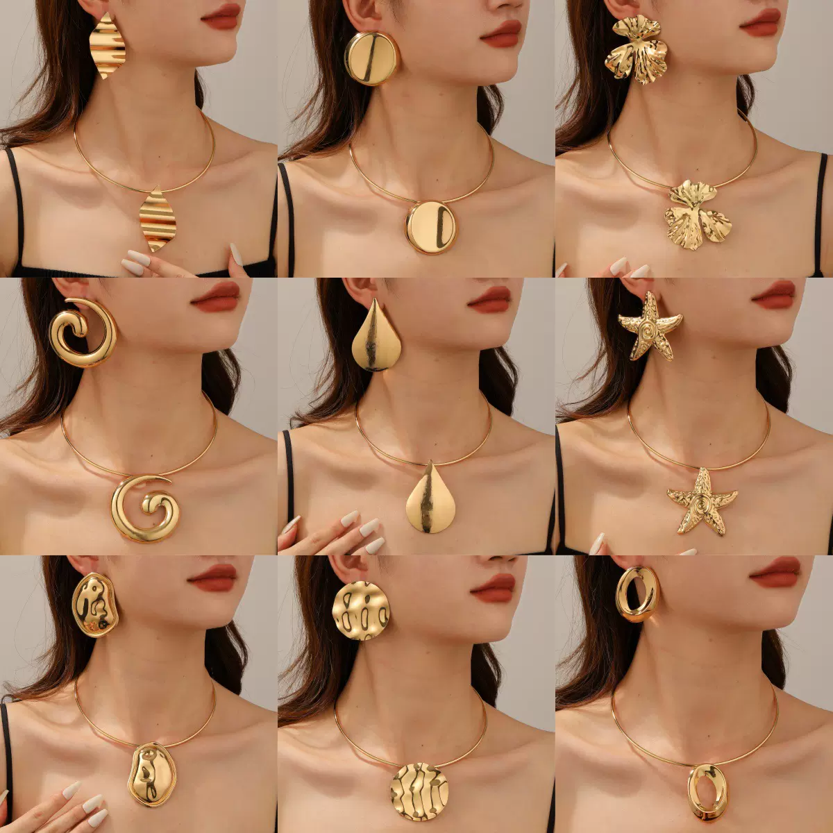 欧美跨境饰品 不规则金属感花瓣项圈 时尚简约铁质锁骨套装颈链